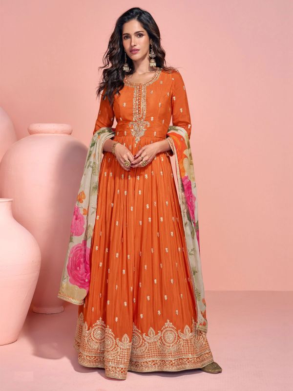 Orange Zari Embellished Salwar Kameez In Silk
