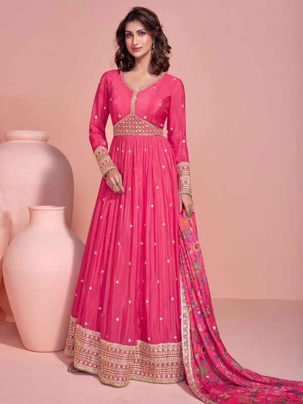 Pink Salwar Suit In Anarkali Style With Printed Dupatta