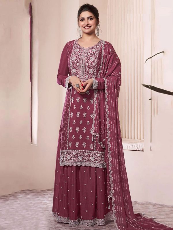 Mauve Palazzo Style Suit With Long Kameez