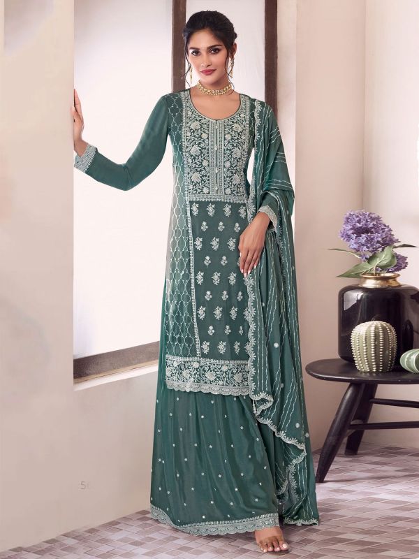 Green Pakistani Salwar Suit With Straight Cut Kameez