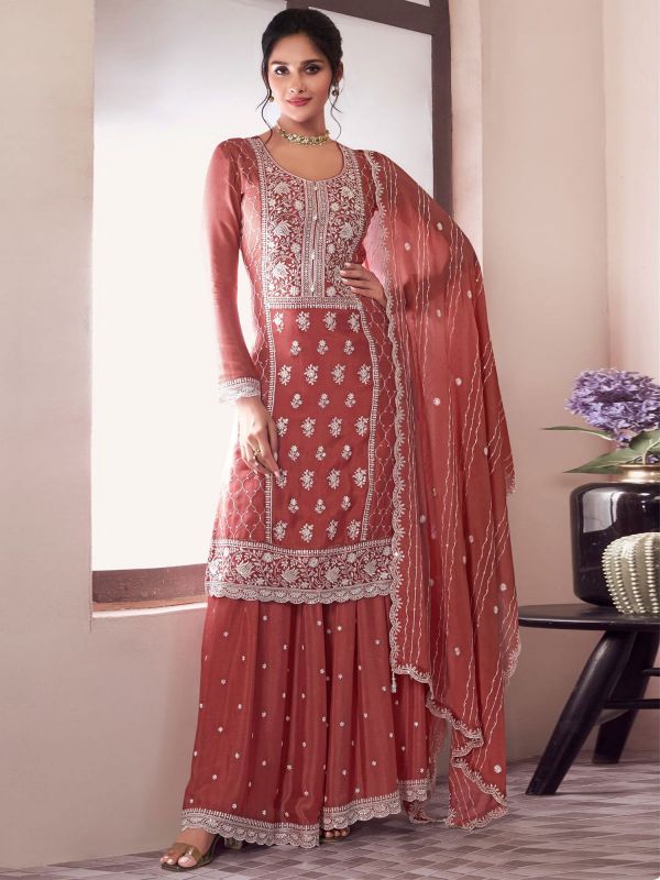 Rust Festive Wear Silk Pakistani Style Salwar Kameez