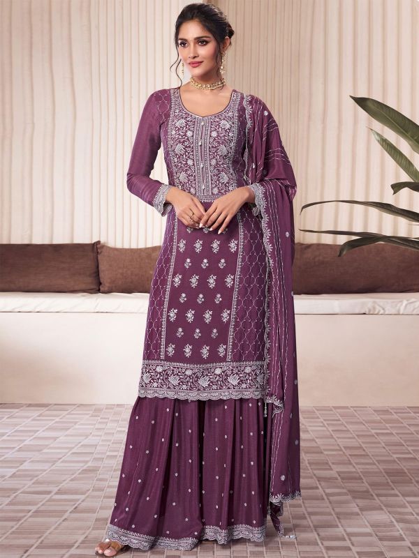 Purple Sequins Work Party Salwar Suit In Silk