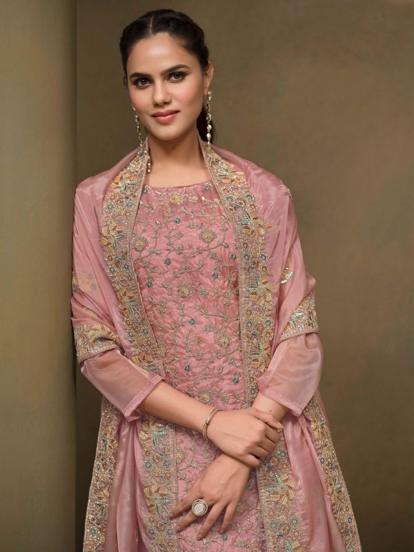 Light Pnk Organza Salwar Kameez In Pant Style