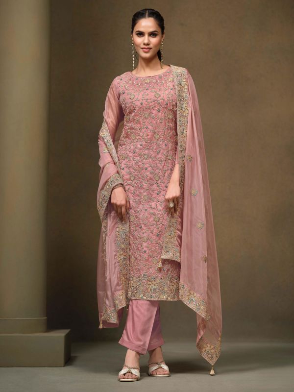 Light Pnk Organza Salwar Kameez In Pant Style