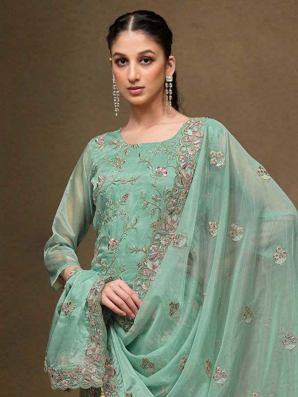 Turquoise Floral Thread Embroidered Pant Style Suit