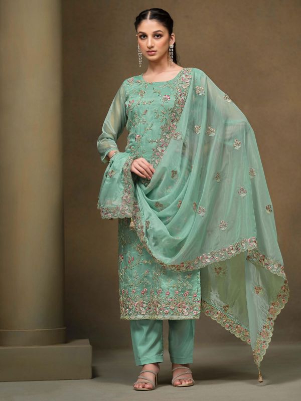 Turquoise Floral Thread Embroidered Pant Style Suit