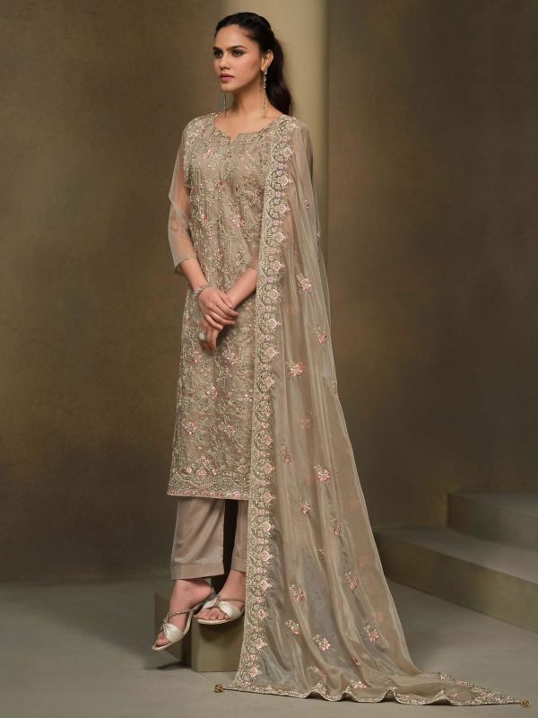 Brown Embroidered Casual Salwar Kameez In Organza