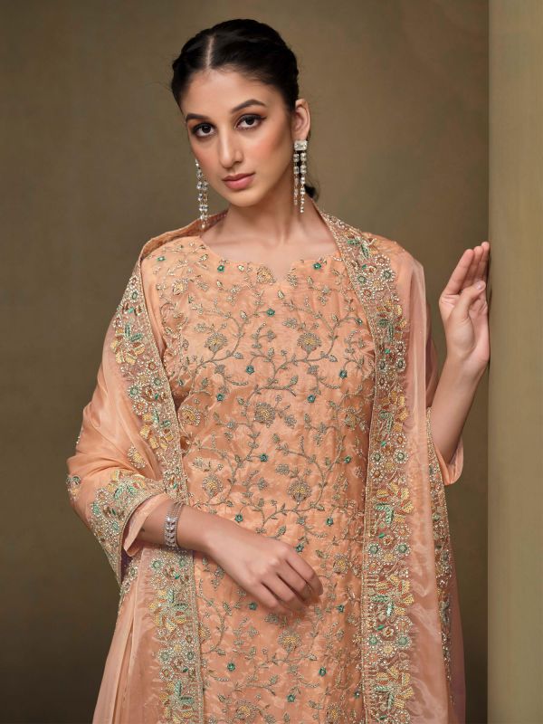 Peach Pakistani Style Salwar Suit With Organza Dupatta