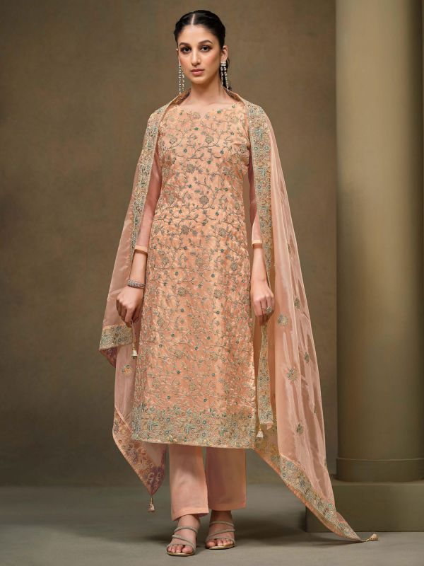 Peach Pakistani Style Salwar Suit With Organza Dupatta