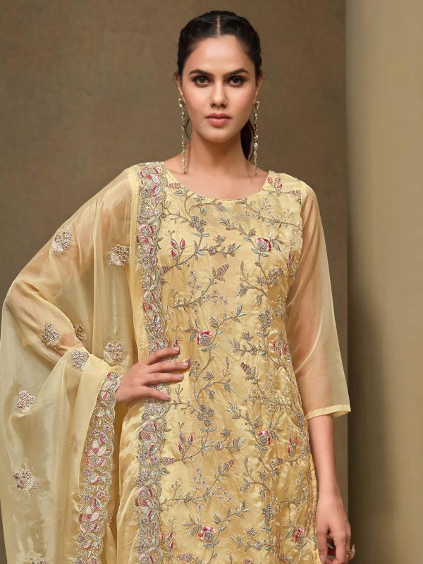 Yellow Pant Style Salwar Suit In Thread Work
