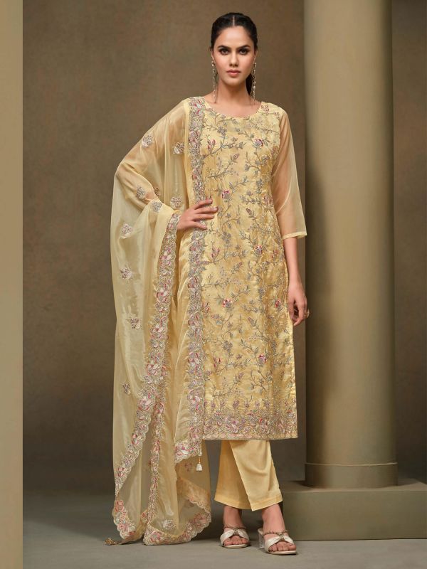 Yellow Pant Style Salwar Suit In Thread Work