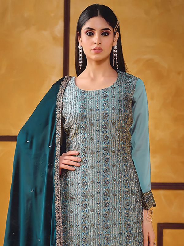 Blue Pakistani Salwar Suit In Stone Embellishment