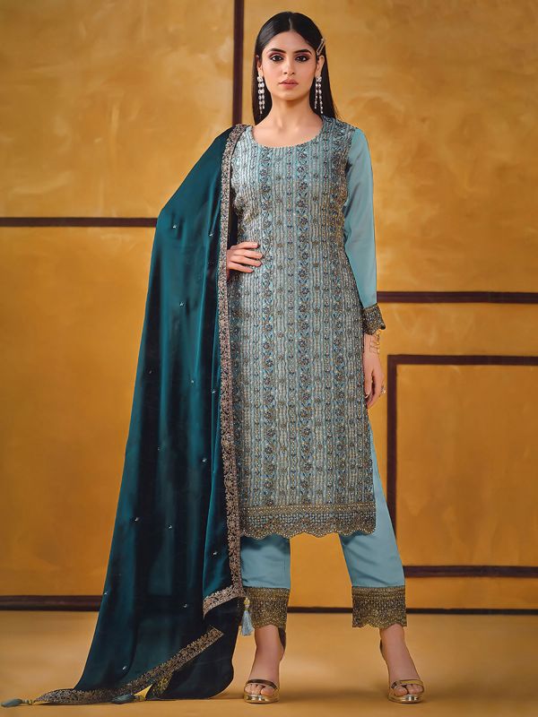 Blue Pakistani Salwar Suit In Stone Embellishment