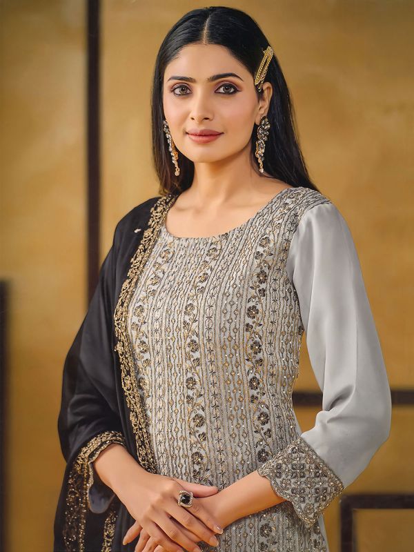 Grey Heavy Zari Embroidered Salwar Suit Set