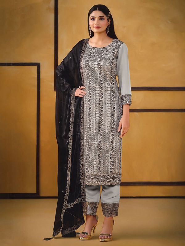 Grey Heavy Zari Embroidered Salwar Suit Set
