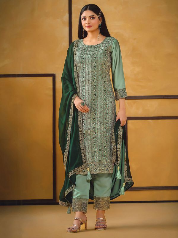 Green Embroidered Salwar Kameez In Pant Style