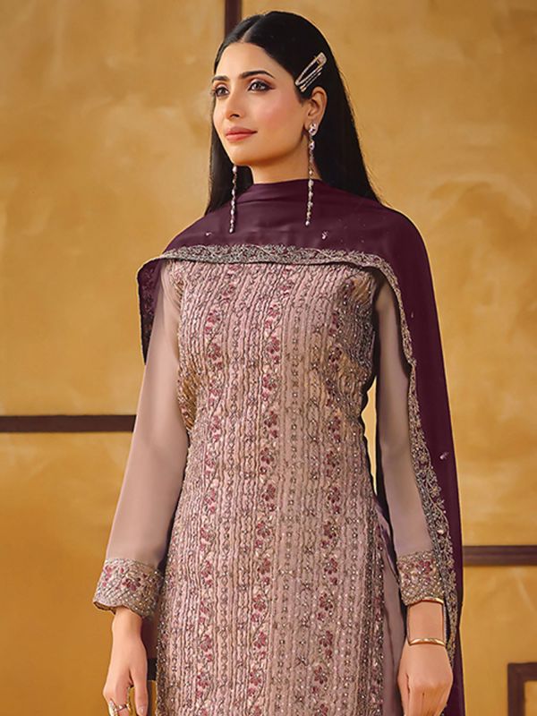 Mauve Pant Style Salwar Suit In Stone Work