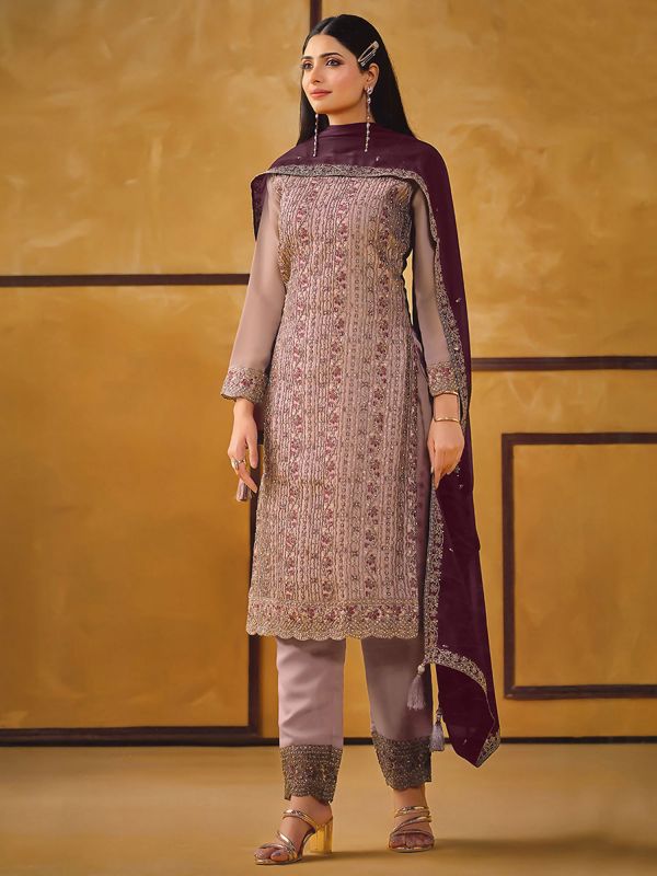 Mauve Pant Style Salwar Suit In Stone Work