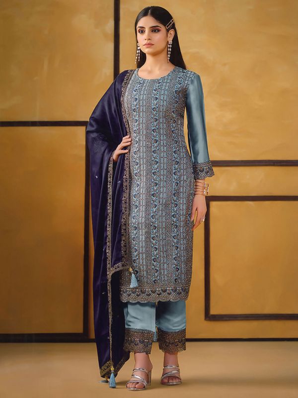 Blue Pakistani Style Suit Set In Heavy Embroidery