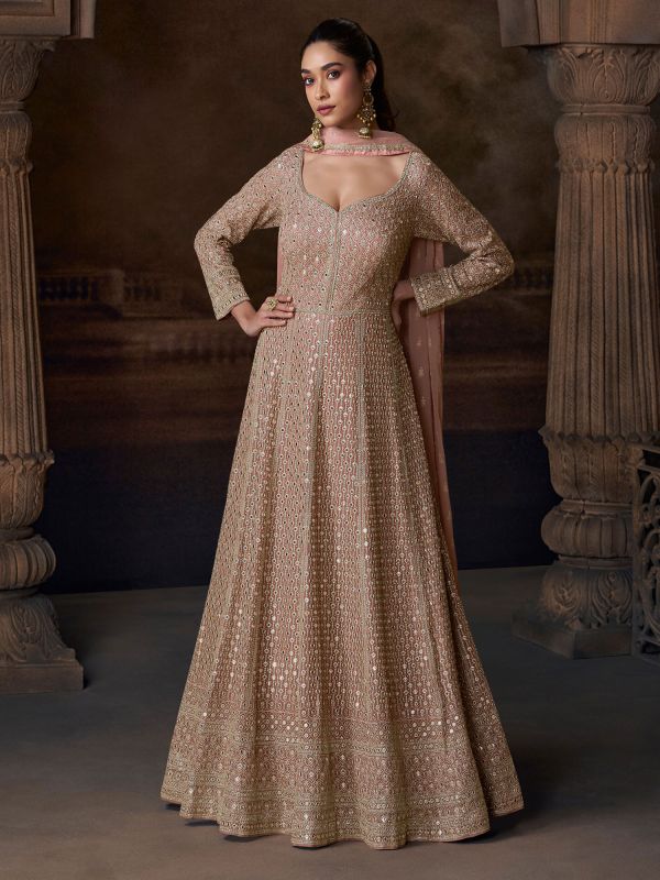 Beige Anarkali Salwar Suit In Mirror Embellishment