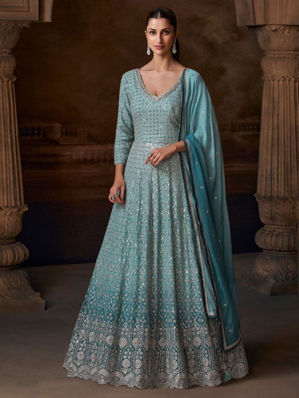 Blue Mirror Work Anarkali Suit With Shaded Dupatta