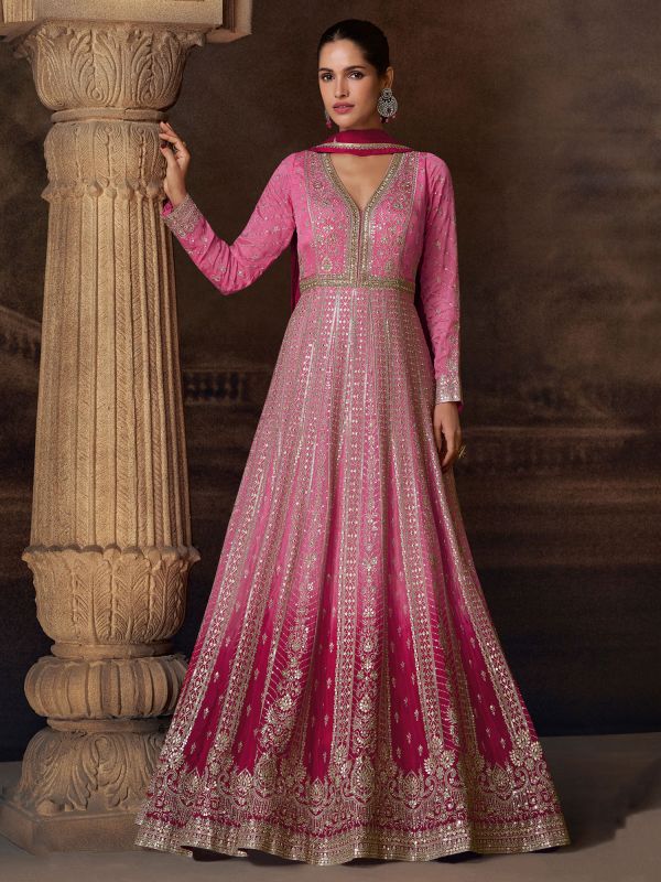 Pink Georgette Anarkali Suit In Heavy Embroidery