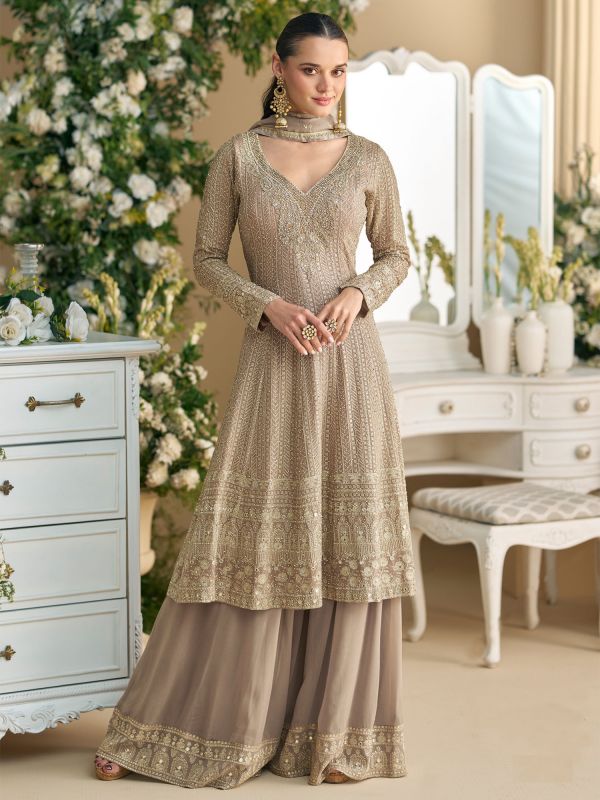 Beige Embroidered Palazzo Suit With Flare Kameez