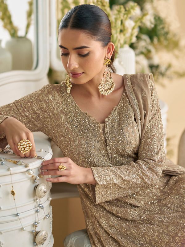 Beige And Pink Shaded Salwar Kameez In Palazzo Style