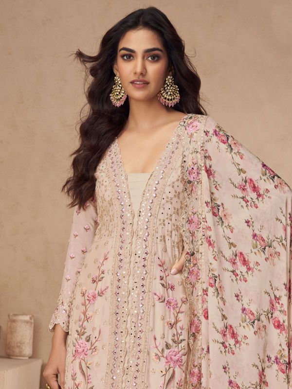 Cream Floral Embroidered Salwar Kameez In Silk