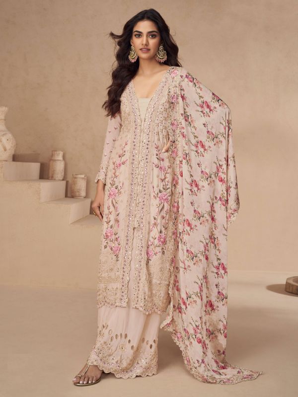 Cream Floral Embroidered Salwar Kameez In Silk