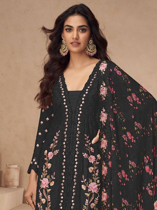 Black Pakistani Style Salwar Kameez In Stone Work