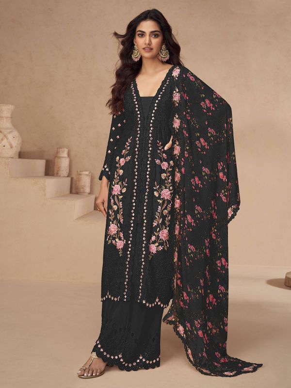 Black Pakistani Style Salwar Kameez In Stone Work