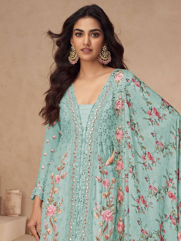 Turquoise Salwar Suit In Pakistani Style With Dupatta