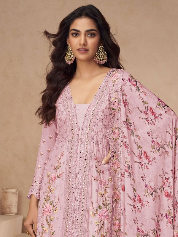 Pink Embroidered Festive Salwar Kameez In Silk