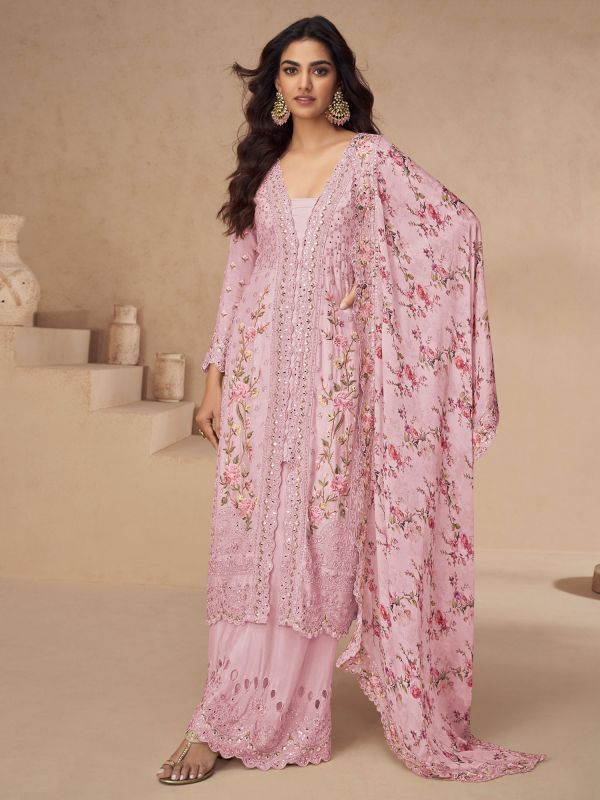 Pink Embroidered Festive Salwar Kameez In Silk