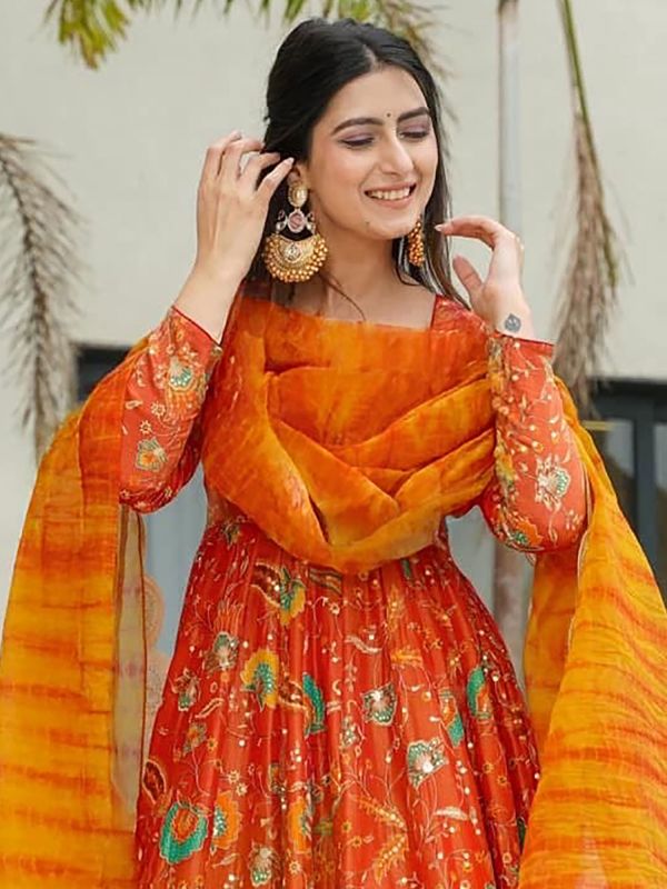 Orange Digital Printed Anarkali Style Salwar Suit