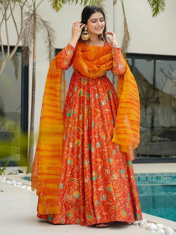 Orange Digital Printed Anarkali Style Salwar Suit