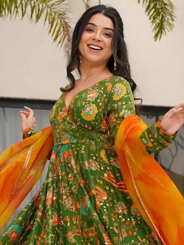 Green Party Wear Anarkali Suit In Digital Print