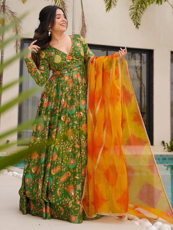 Green Party Wear Anarkali Suit In Digital Print