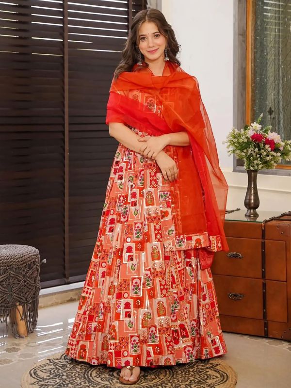 Orange Readymade Salwar Suit With Organza Dupatta