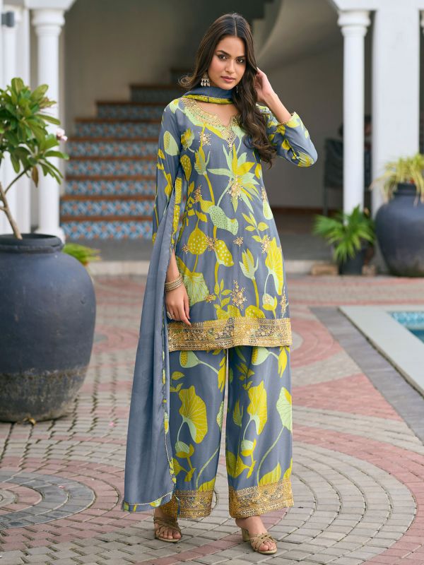 Stone Blue Printed Salwar Kameez In Palazzo