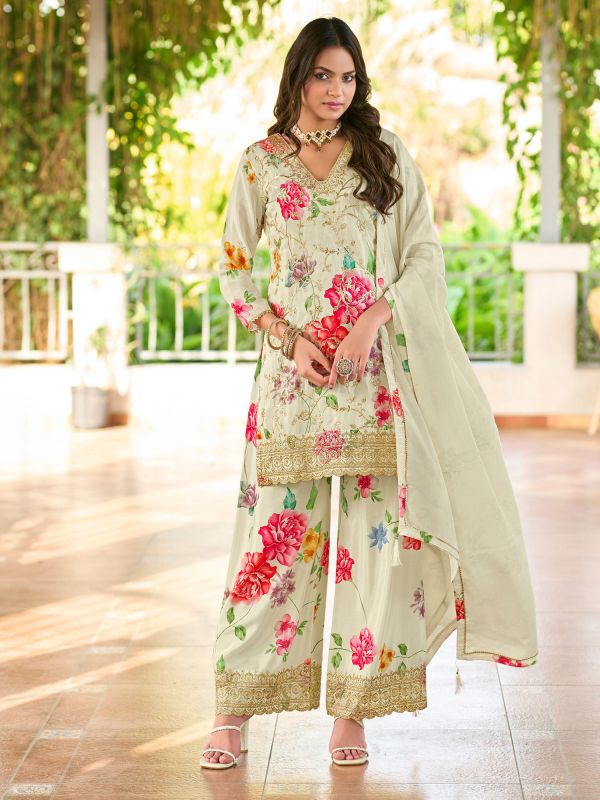 Off White Festive Salwar Suit In Floral Print