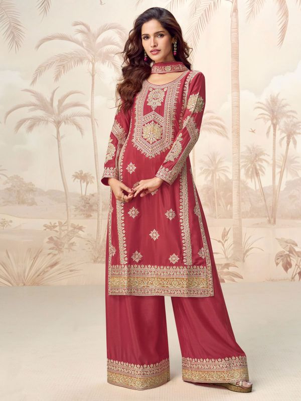 Blush Red Sequins Enhanced Palazzo Style Suit