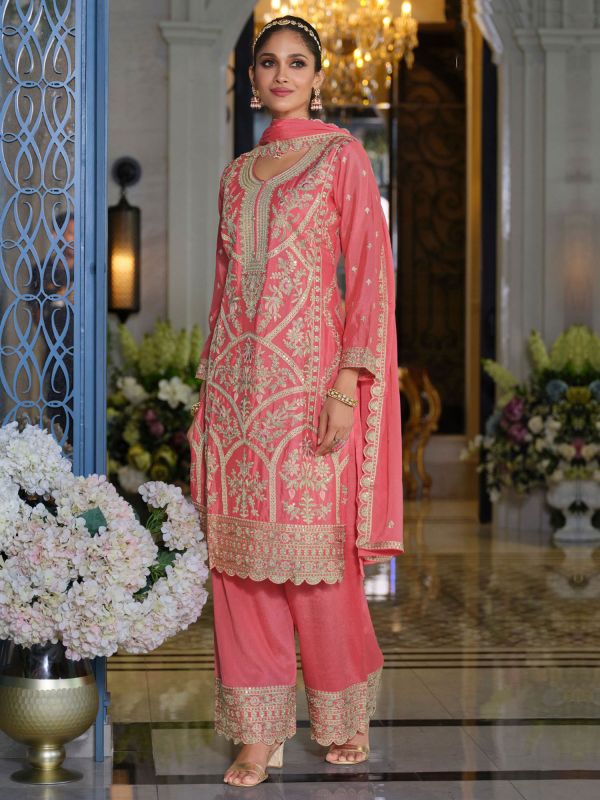 Pink Readymade Silk Salwar Suit In Palazzo Style