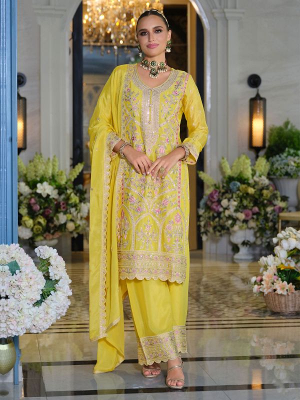 Yellow Readymade Palazzo Style Suit In Floral Work