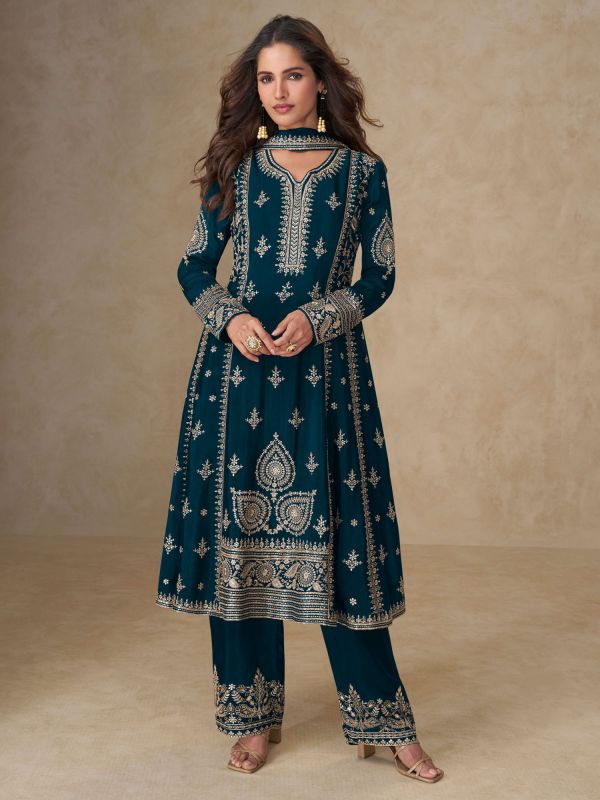 Blue Pant Style Salwar Kameez In Sequins Work