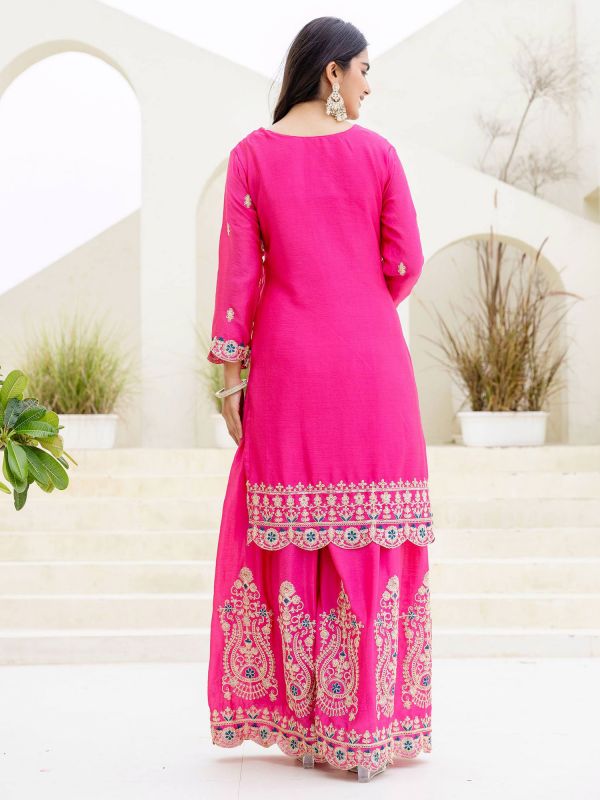 Hot Pink Thread Work Readymade Salwar Kameez