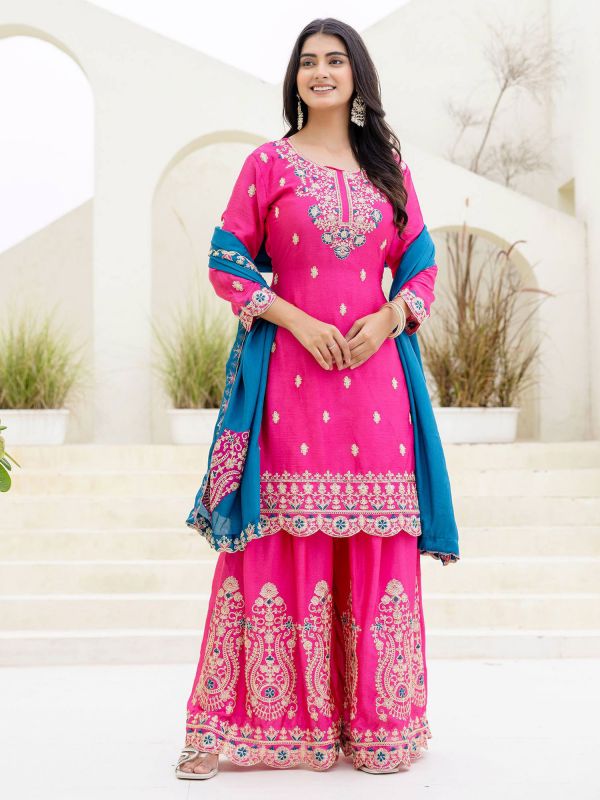 Hot Pink Thread Work Readymade Salwar Kameez