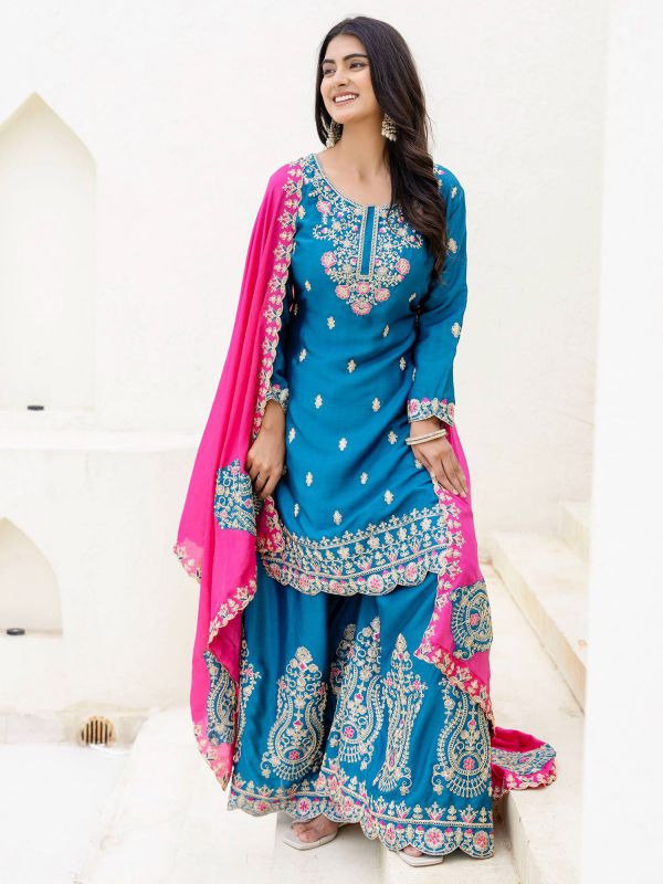 Blue Party Wear Salwar Suit In Palazzo Style