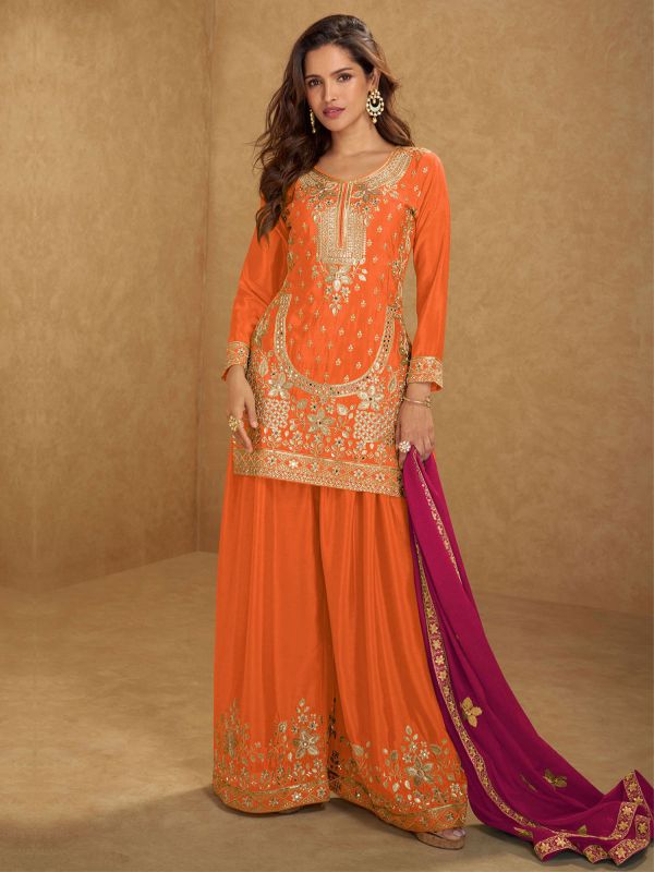 Orange Mirror Work Embellished Palazzo Style Suit